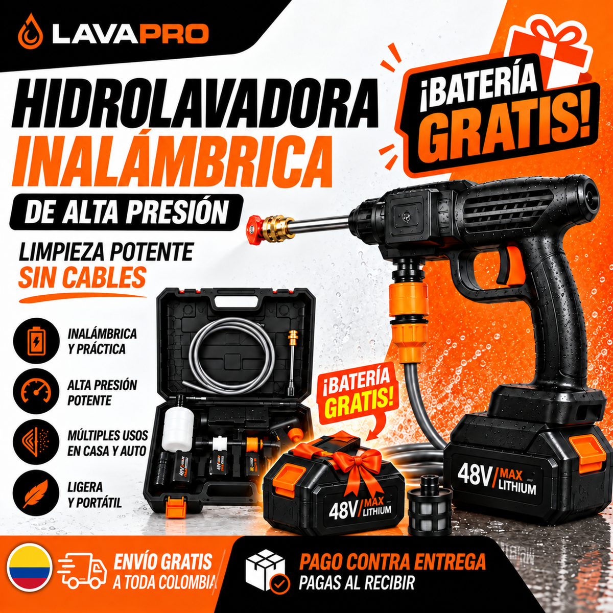 Hidrolavadora Inalámbrica Portátil de Alta Presión y Sin Cabos - con 1 Batería Gratis! 🎁